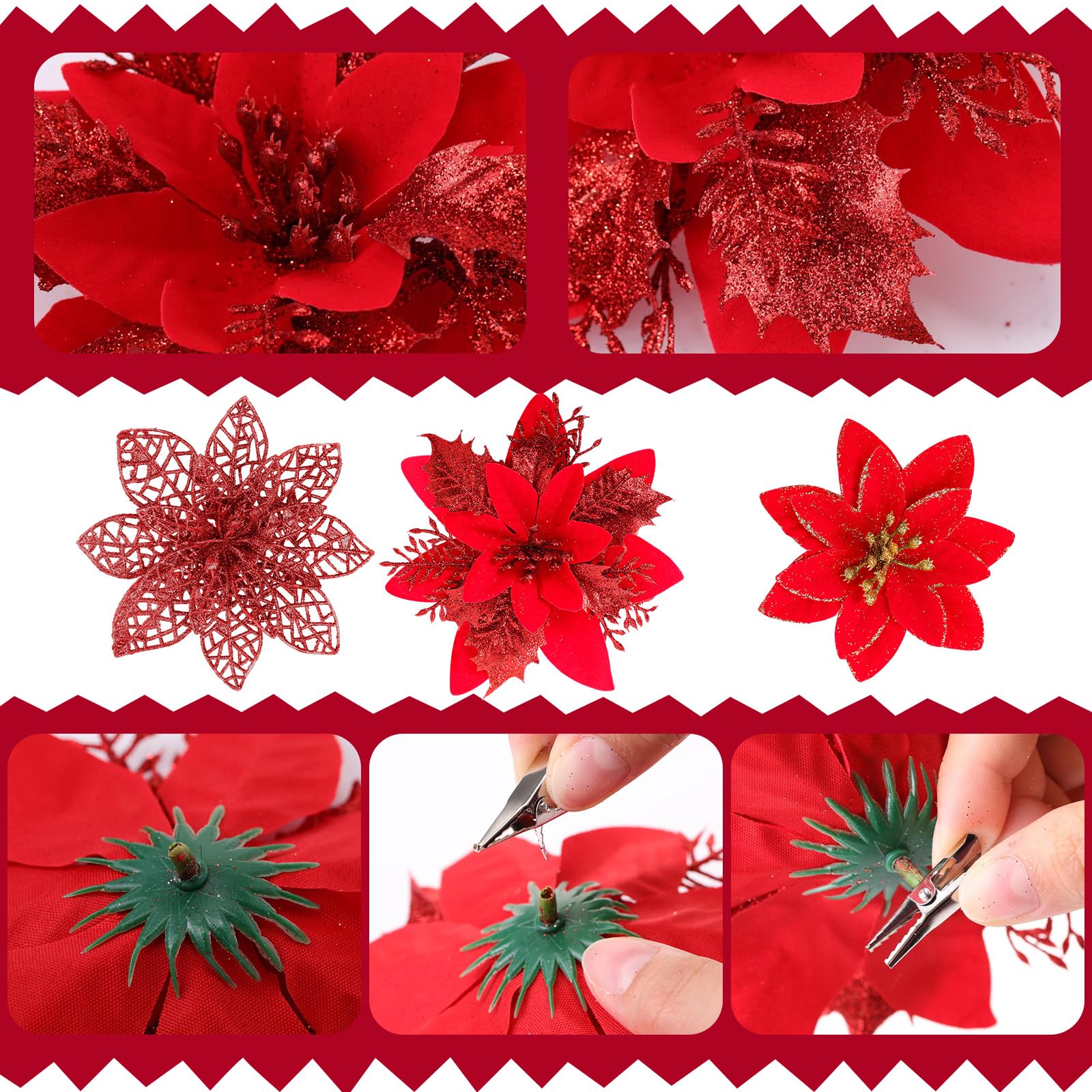 Amazon｜Zeyune クリスマスフラワー グリッター ポインセチアフラワー